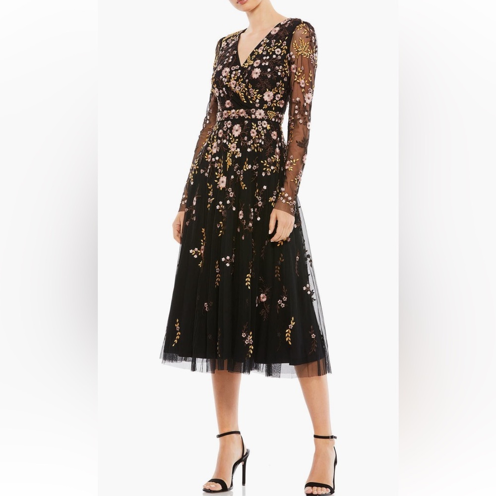 Mac Duggal Black Floral Long Sleeve Dress